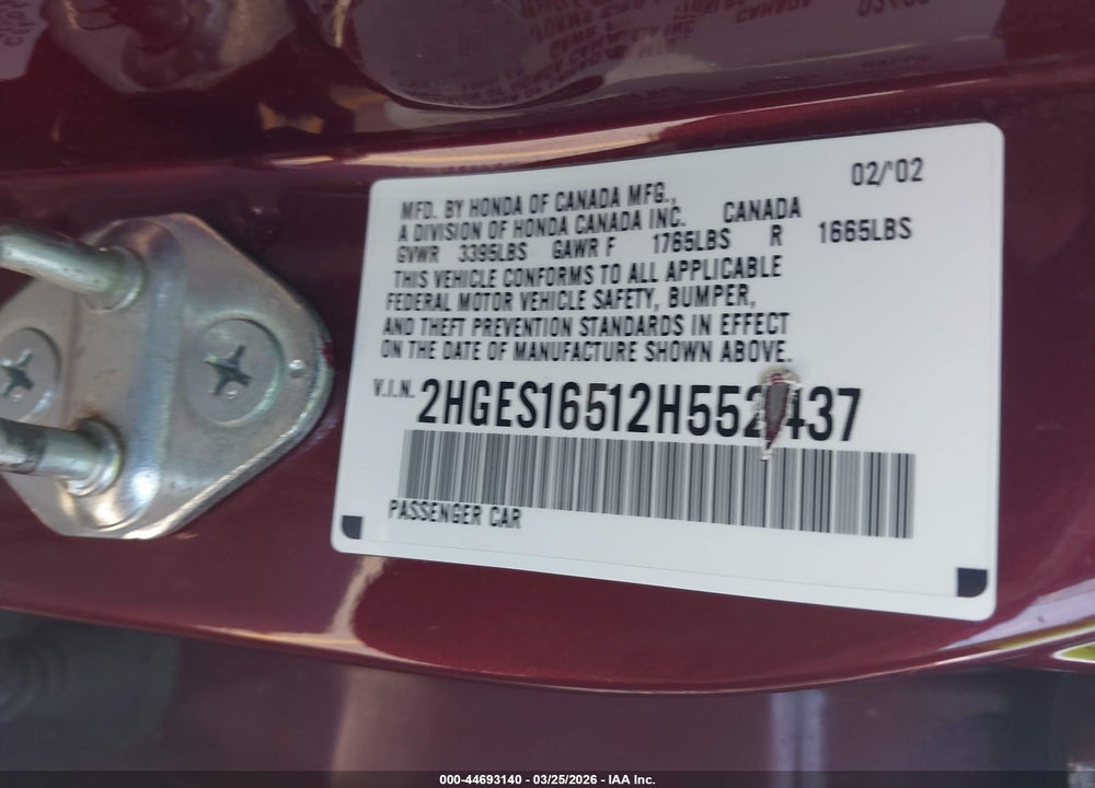 2002 HONDA CIVIC LX VIN: 2HGES16512H552437