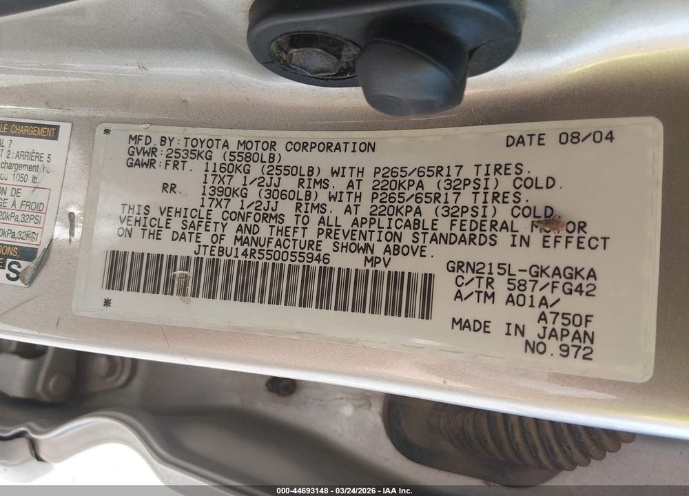 2005 TOYOTA 4RUNNER SR5 V6 VIN: JTEBU14R550055946