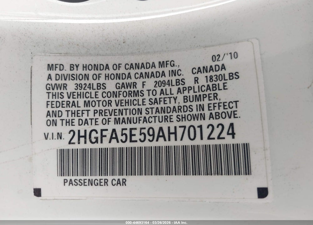 2010 HONDA CIVIC SI VIN: 2HGFA5E59AH701224