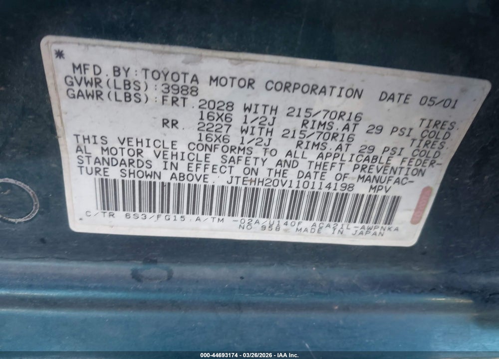 2001 TOYOTA RAV4 VIN: JTEHH20V110114198