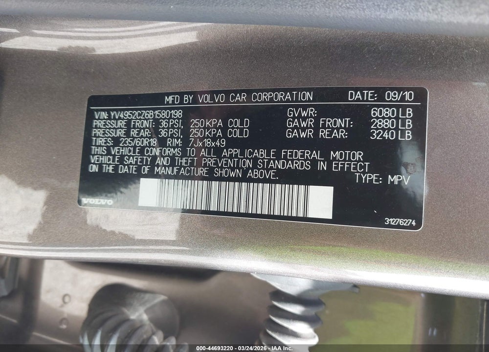 2011 VOLVO XC90 3.2 VIN: YV4952CZ6B1580198