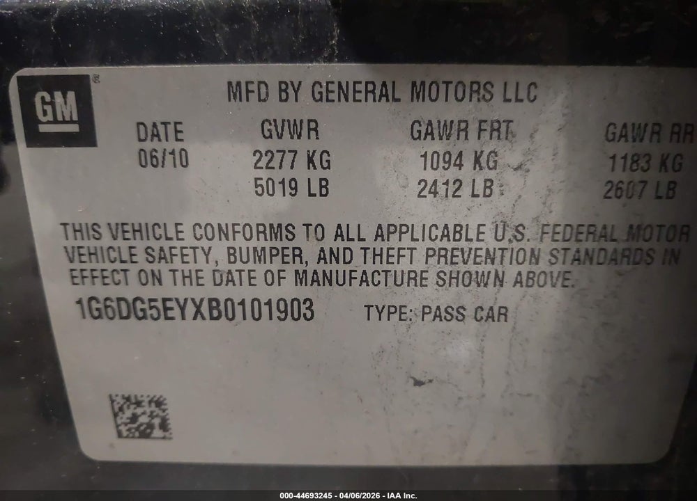 2011 CADILLAC CTS LUXURY VIN: 1G6DG5EYXB0101903