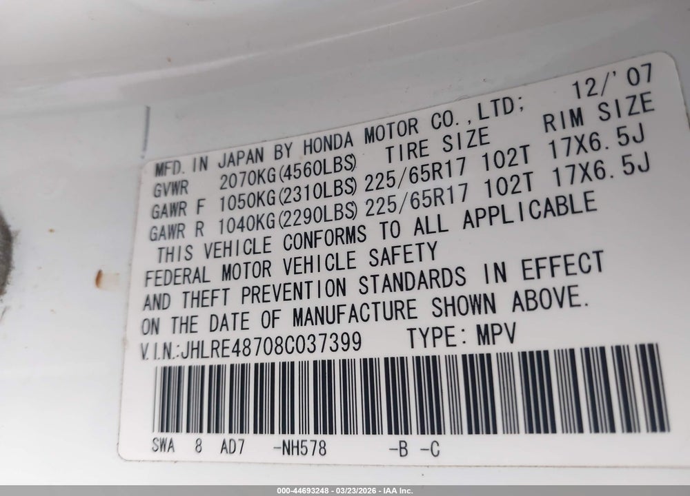 2008 HONDA CR-V EX-L VIN: JHLRE48708C037399