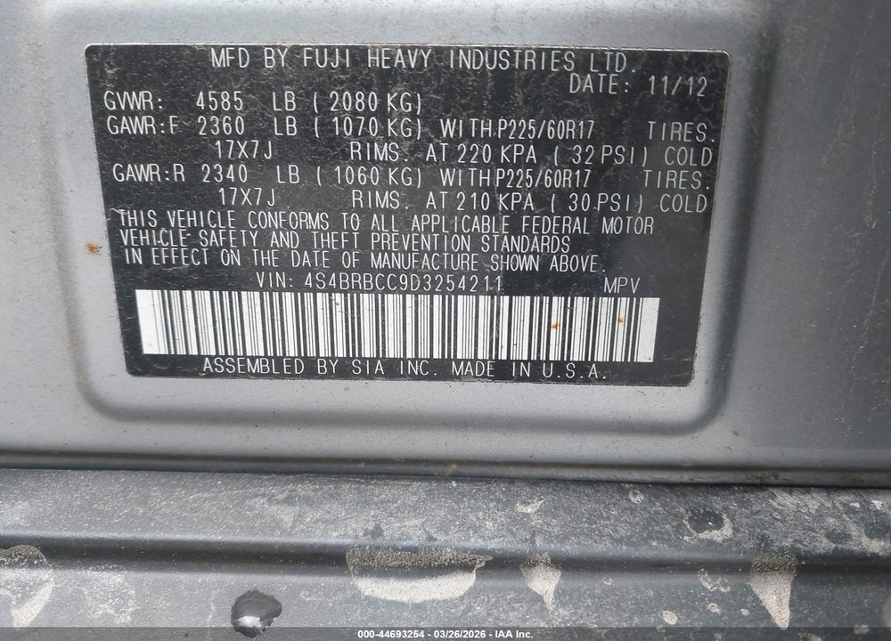 2013 SUBARU OUTBACK 2.5I PREMIUM VIN: 4S4BRBCC9D3254211