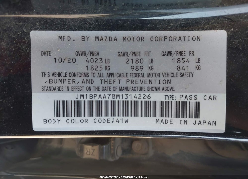 2021 MAZDA 3 2.0 VIN: JM1BPAA78M1314226