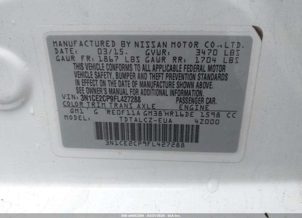 2015 NISSAN VERSA NOTE S PLUS VIN: 3N1CE2CP9FL427288