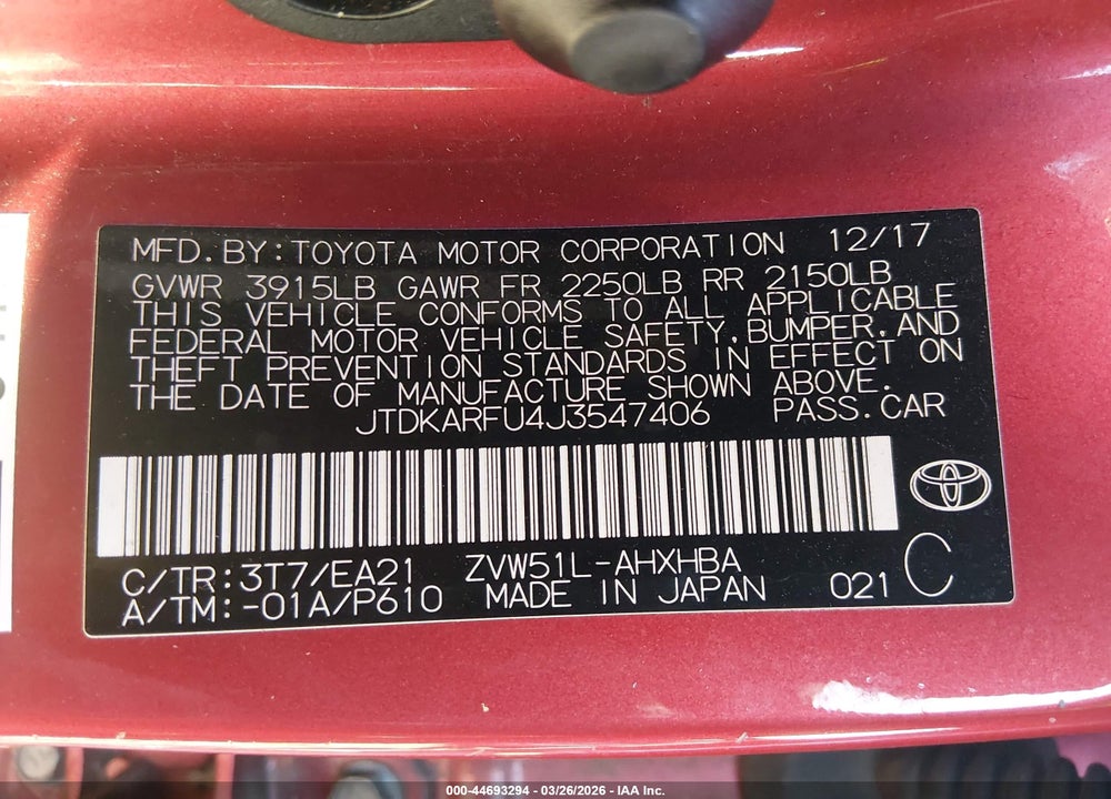 2018 TOYOTA PRIUS FOUR TOURING VIN: JTDKARFU4J3547406