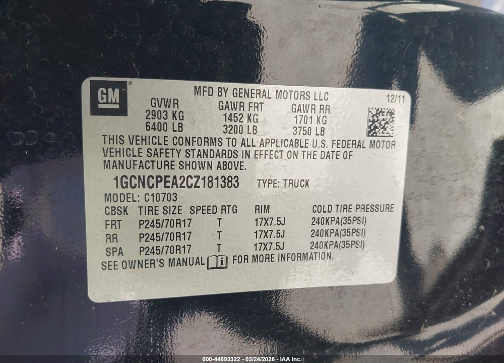 2012 CHEVROLET SILVERADO 1500 WORK TRUCK VIN: 1GCNCPEA2CZ181383