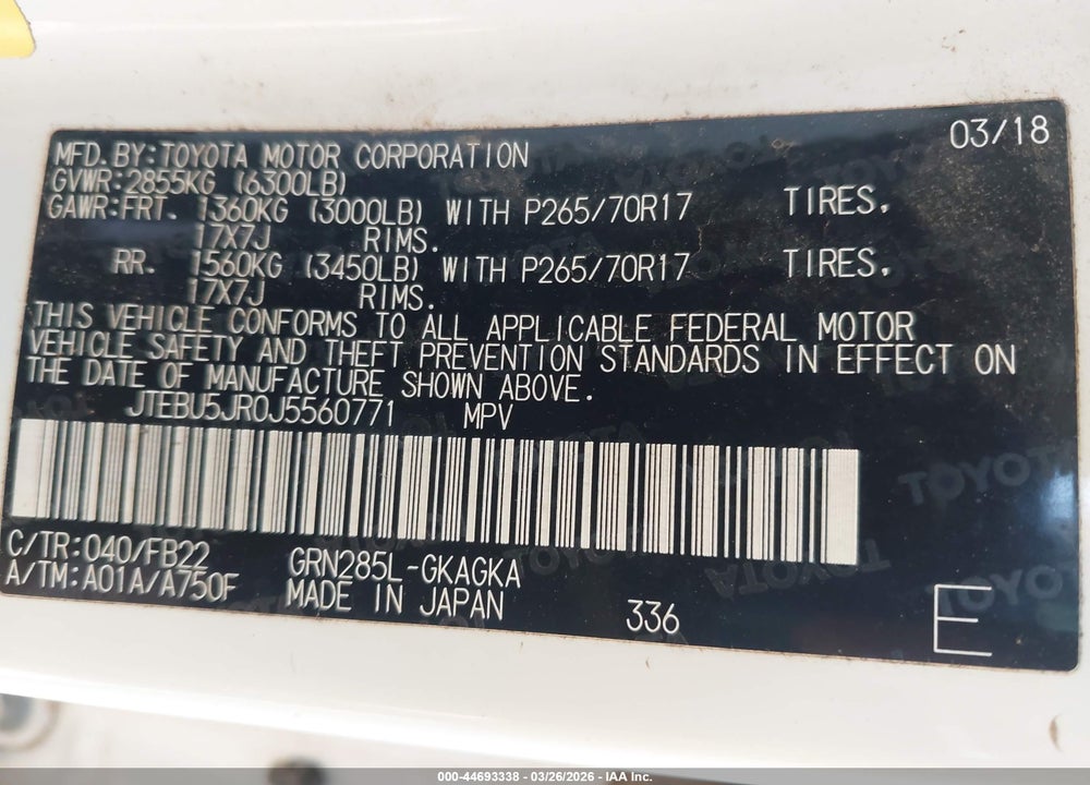 2018 TOYOTA 4RUNNER SR5 VIN: JTEBU5JR0J5560771