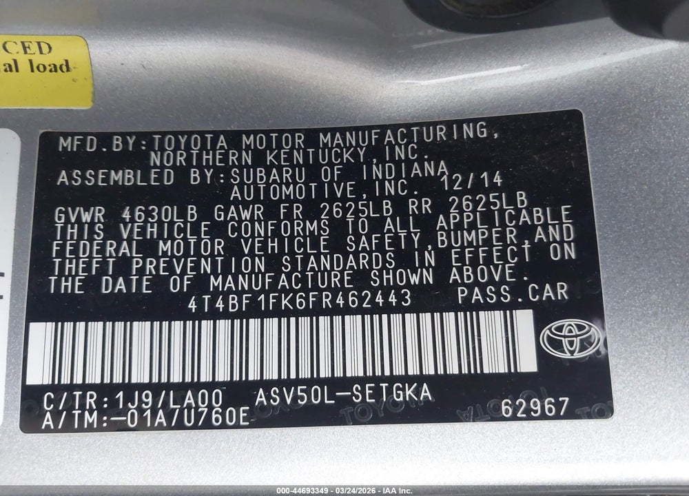 2015 TOYOTA CAMRY XLE VIN: 4T4BF1FK6FR462443