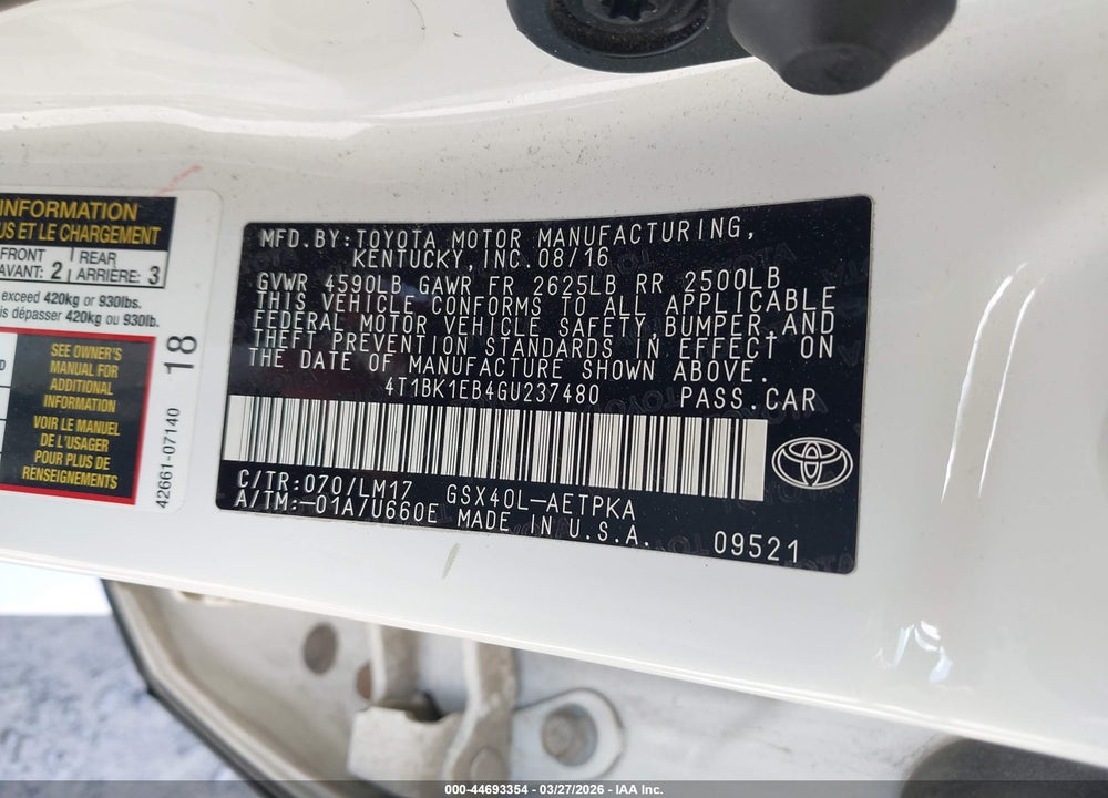 2016 TOYOTA AVALON LIMITED VIN: 4T1BK1EB4GU237480