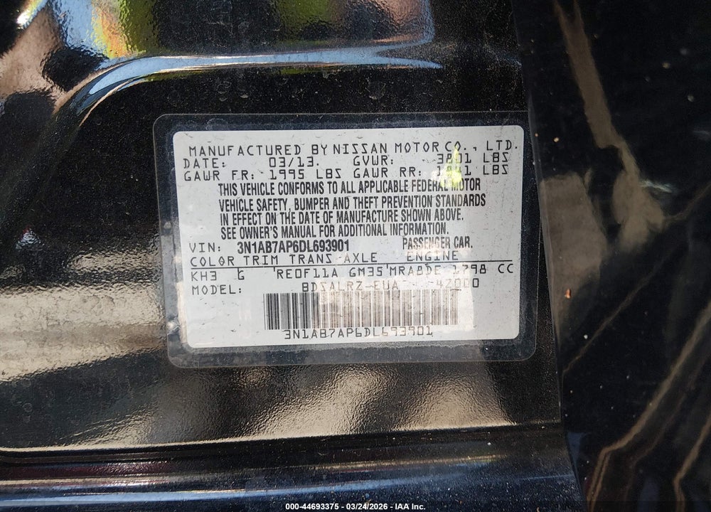 2013 NISSAN SENTRA SR VIN: 3N1AB7AP6DL693901