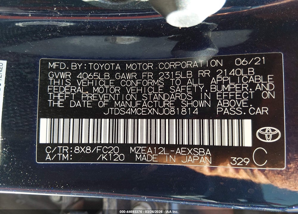 2022 TOYOTA COROLLA SE VIN: JTDS4MCEXNJ081814