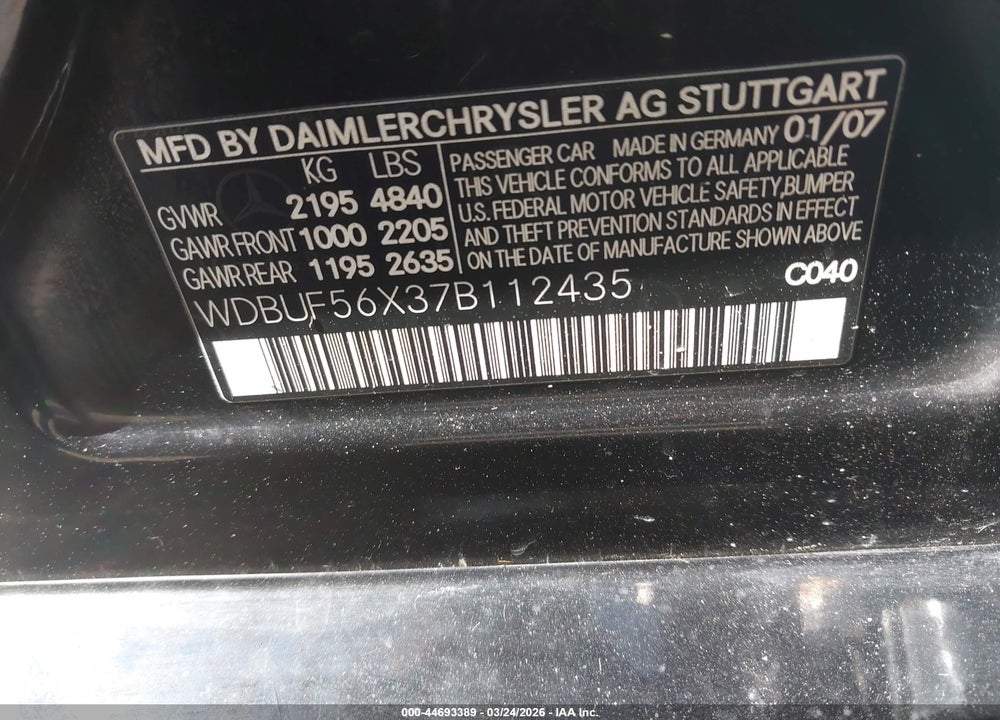 2007 MERCEDES-BENZ E 350 VIN: WDBUF56X37B112435