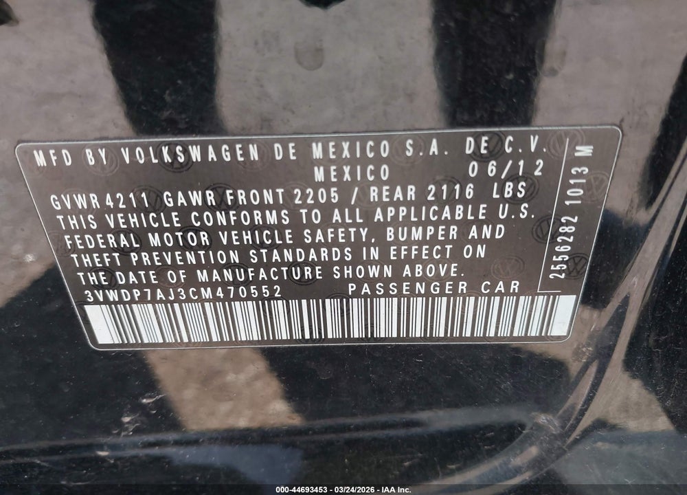 2012 VOLKSWAGEN JETTA 2.5L SE VIN: 3VWDP7AJ3CM470552