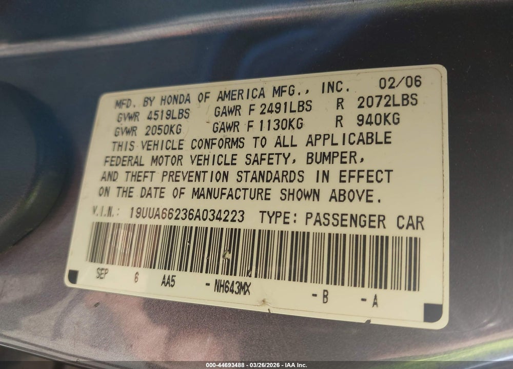 2006 ACURA TL VIN: 19UUA66236A034223