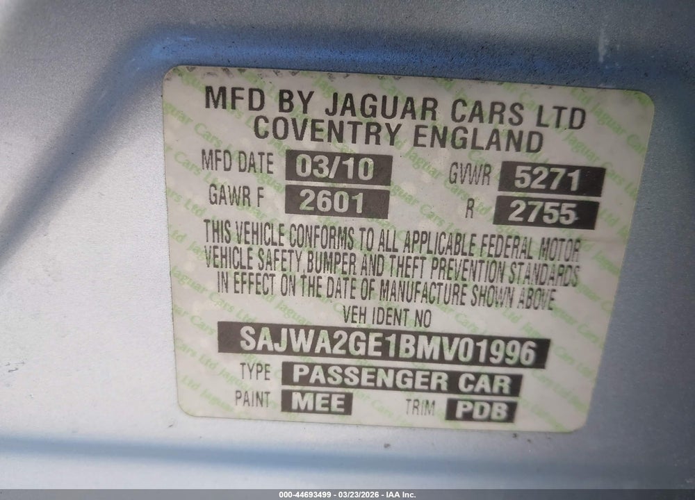 2011 JAGUAR XJ XJL SUPERCHARGED VIN: SAJWA2GE1BMV01996