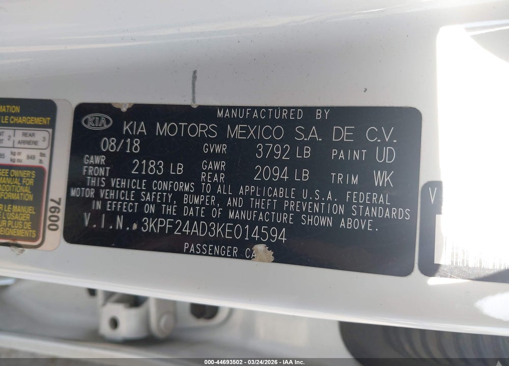 2019 KIA FORTE FE VIN: 3KPF24AD3KE014594