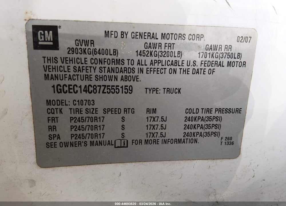 2007 CHEVROLET SILVERADO 1500 WORK TRUCK VIN: 1GCEC14C87Z555159