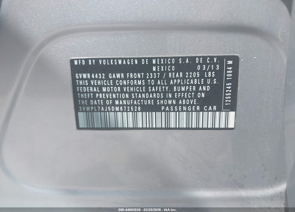 2013 VOLKSWAGEN JETTA SPORTWAGEN 2.0L TDI VIN: 3VWPL7AJ5DM672528