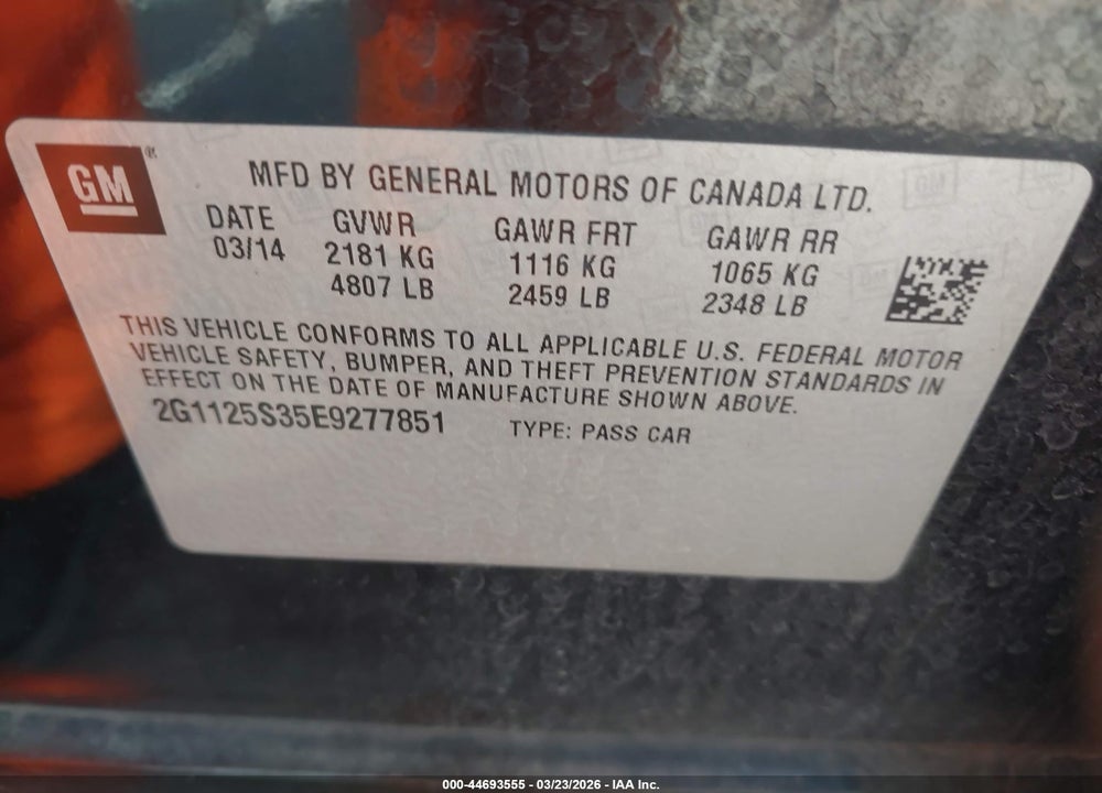 2014 CHEVROLET IMPALA 2LT VIN: 2G1125S35E9277851