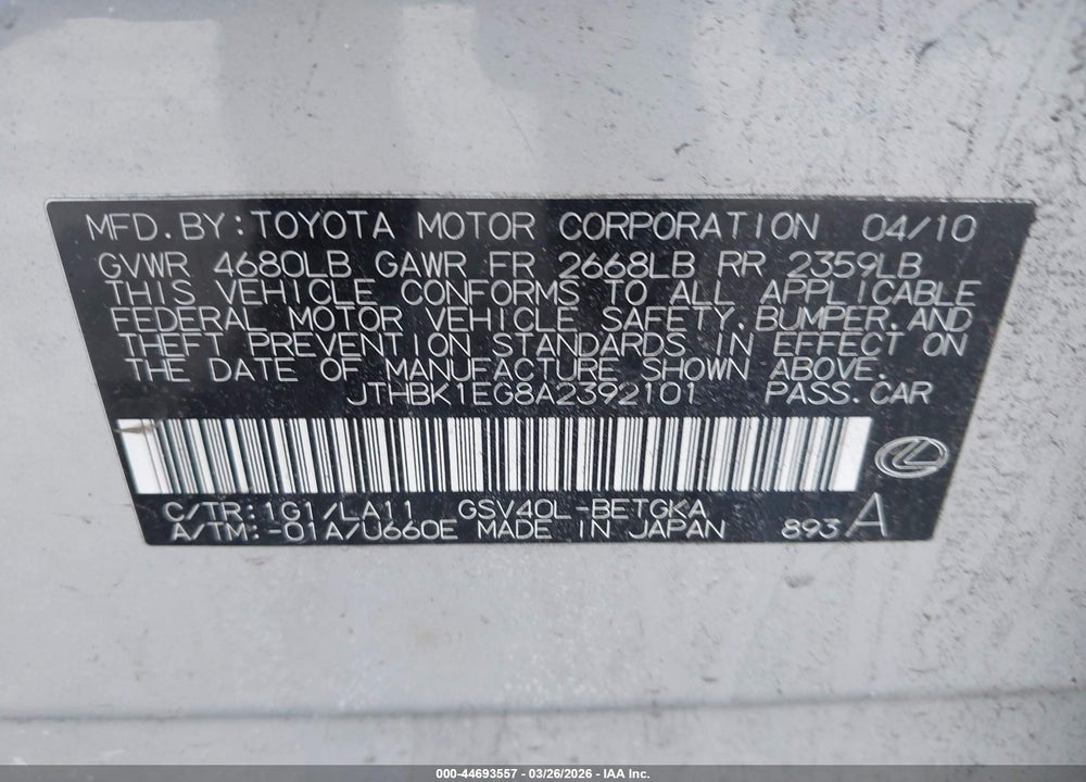 2010 LEXUS ES 350 VIN: JTHBK1EG8A2392101