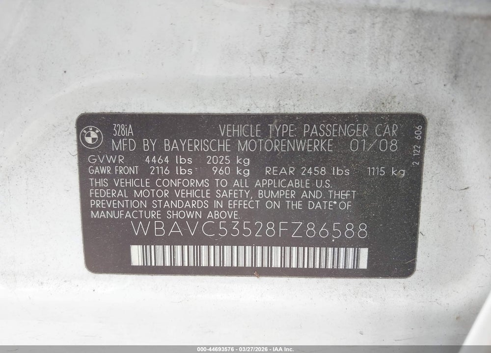 2008 BMW 328I VIN: WBAVC53528FZ86588