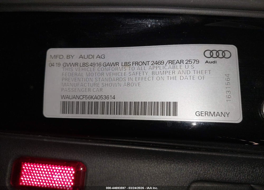 2019 AUDI A5 45 PREMIUM VIN: WAUANCF56KA053614