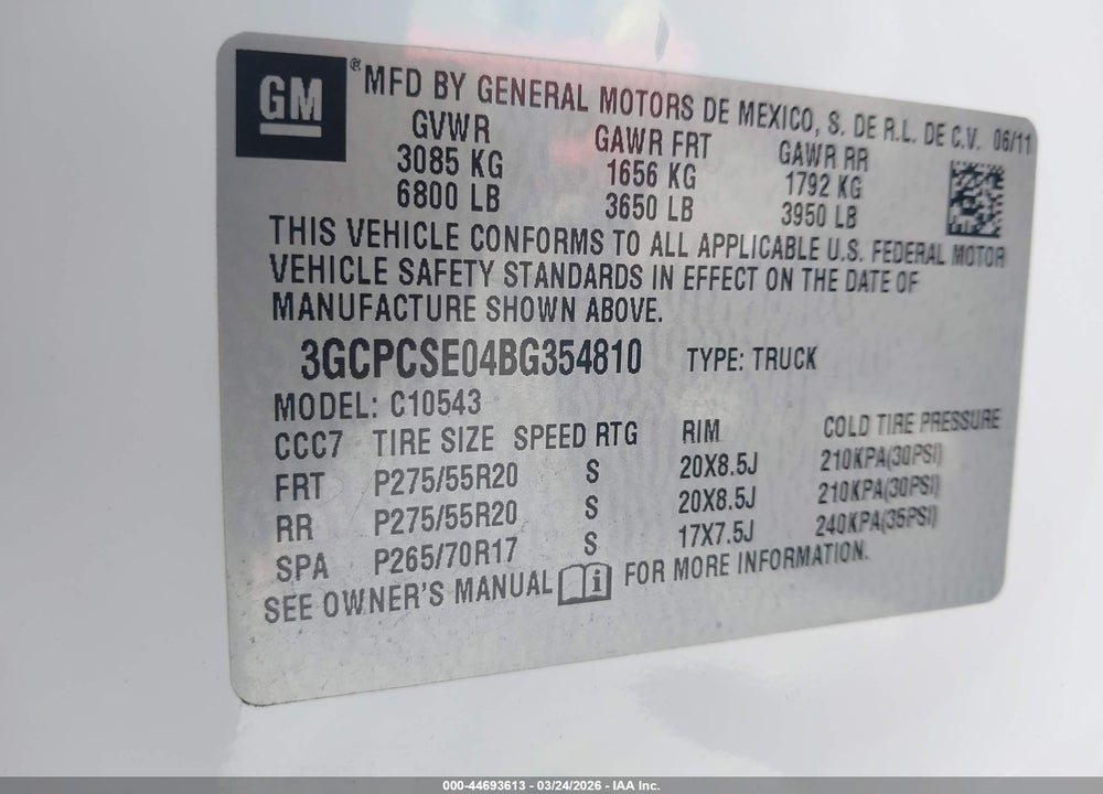 2011 CHEVROLET SILVERADO 1500 LT VIN: 3GCPCSE04BG354810