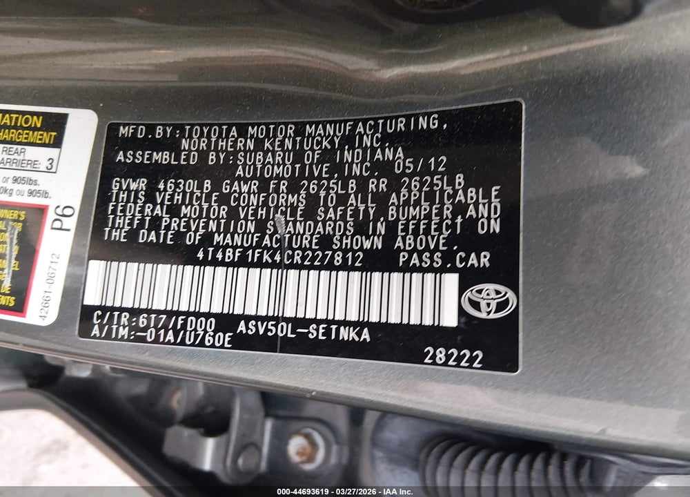 2012 TOYOTA CAMRY LE VIN: 4T4BF1FK4CR227812