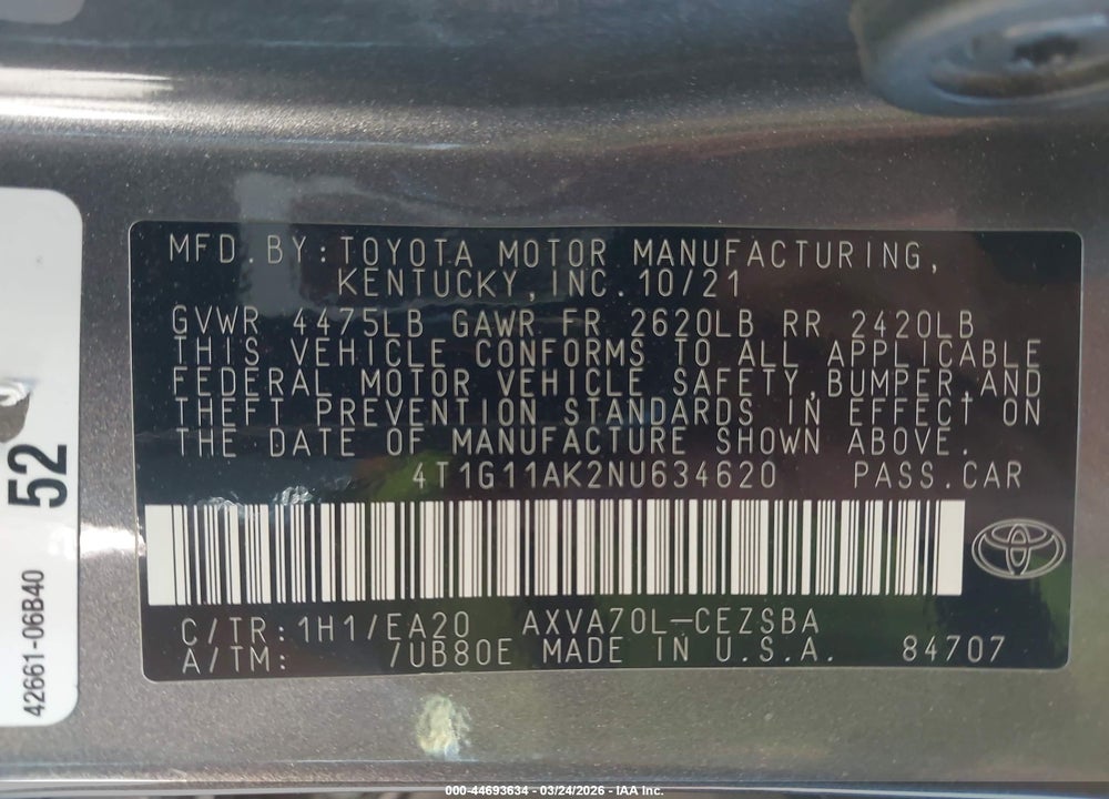 2022 TOYOTA CAMRY SE VIN: 4T1G11AK2NU634620