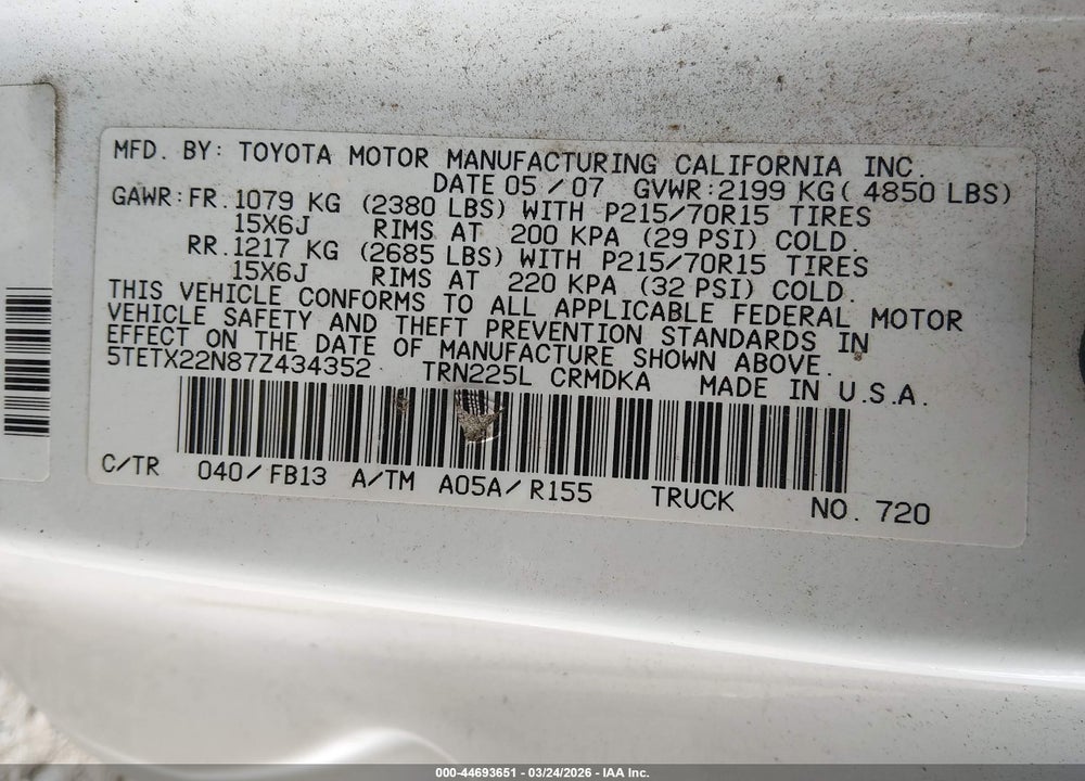 2007 TOYOTA TACOMA VIN: 5TETX22N87Z434352
