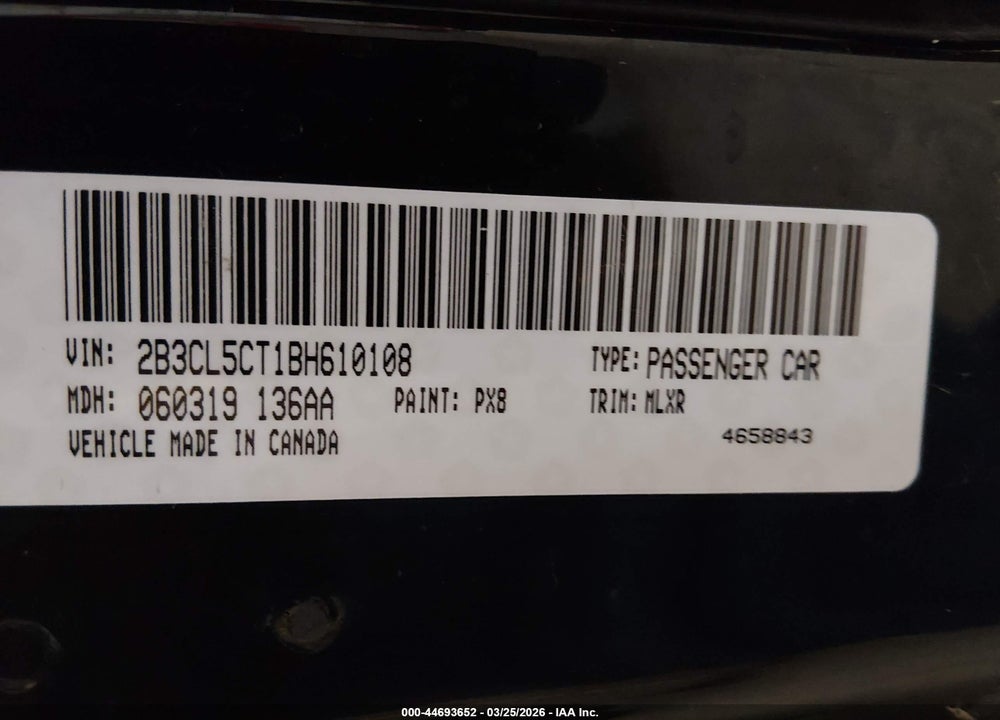 2011 DODGE CHARGER R/T VIN: 2B3CL5CT1BH610108