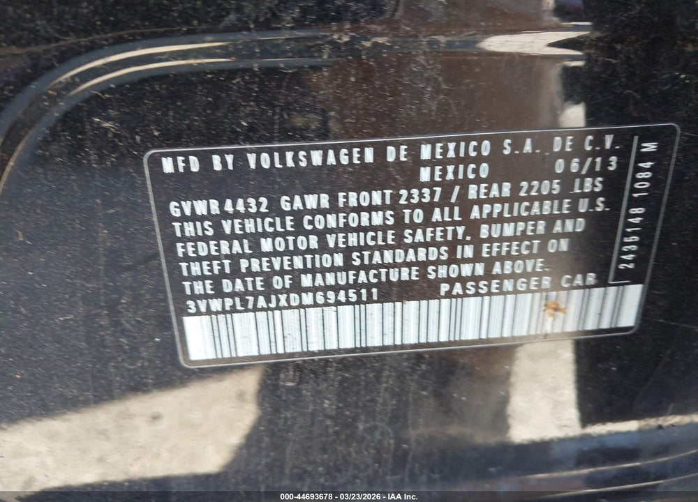 2013 VOLKSWAGEN JETTA SPORTWAGEN 2.0L TDI VIN: 3VWPL7AJXDM694511