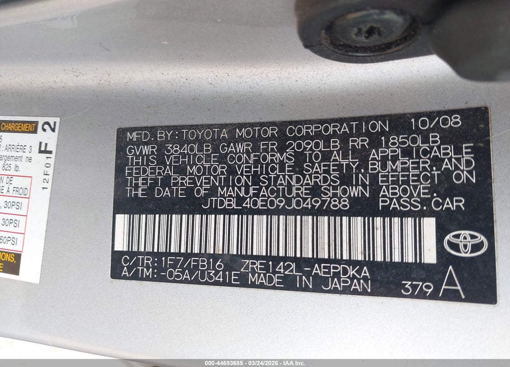 2009 TOYOTA COROLLA LE VIN: JTDBL40E09J049788