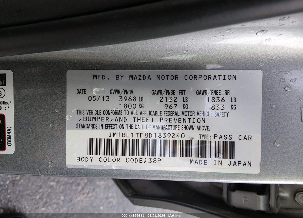 2013 MAZDA 3 I SV VIN: JM1BL1TF8D1839240