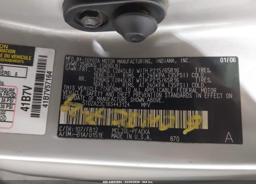 2006 TOYOTA SIENNA CE VIN: 5TDZA23C16S443124