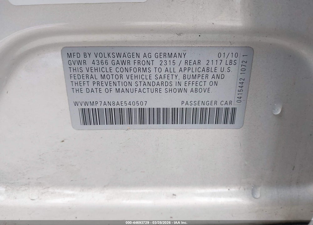 2010 VOLKSWAGEN CC SPORT VIN: WVWMP7AN8AE540507