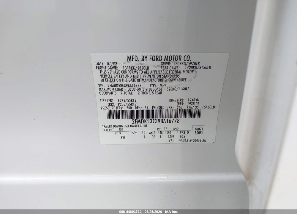 2009 FORD FLEX LIMITED VIN: 2FMDK53C39BA16778
