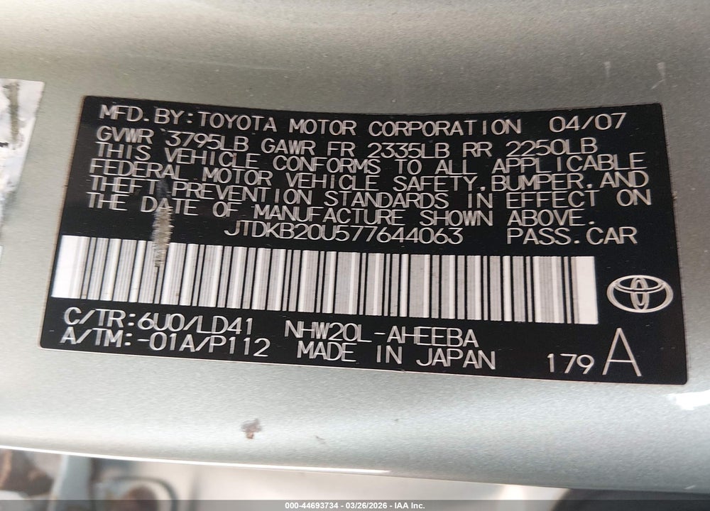 2007 TOYOTA PRIUS VIN: JTDKB20U577644063