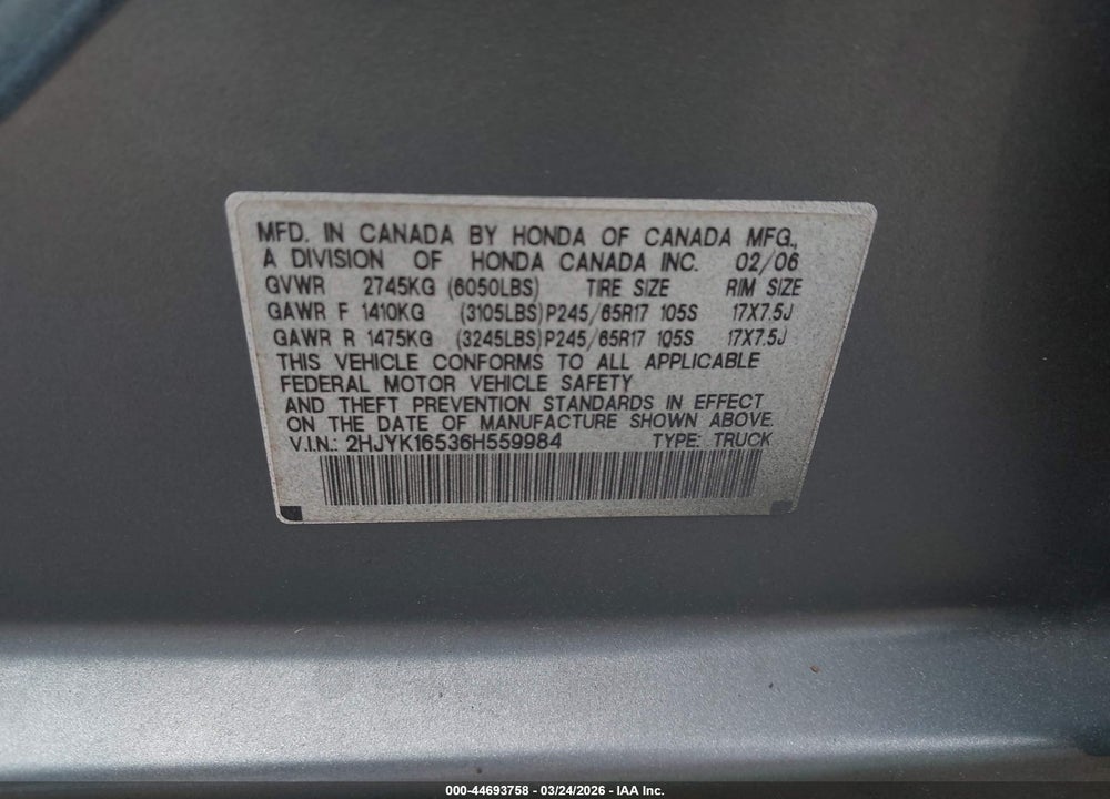 2006 HONDA RIDGELINE RTL VIN: 2HJYK16536H559984