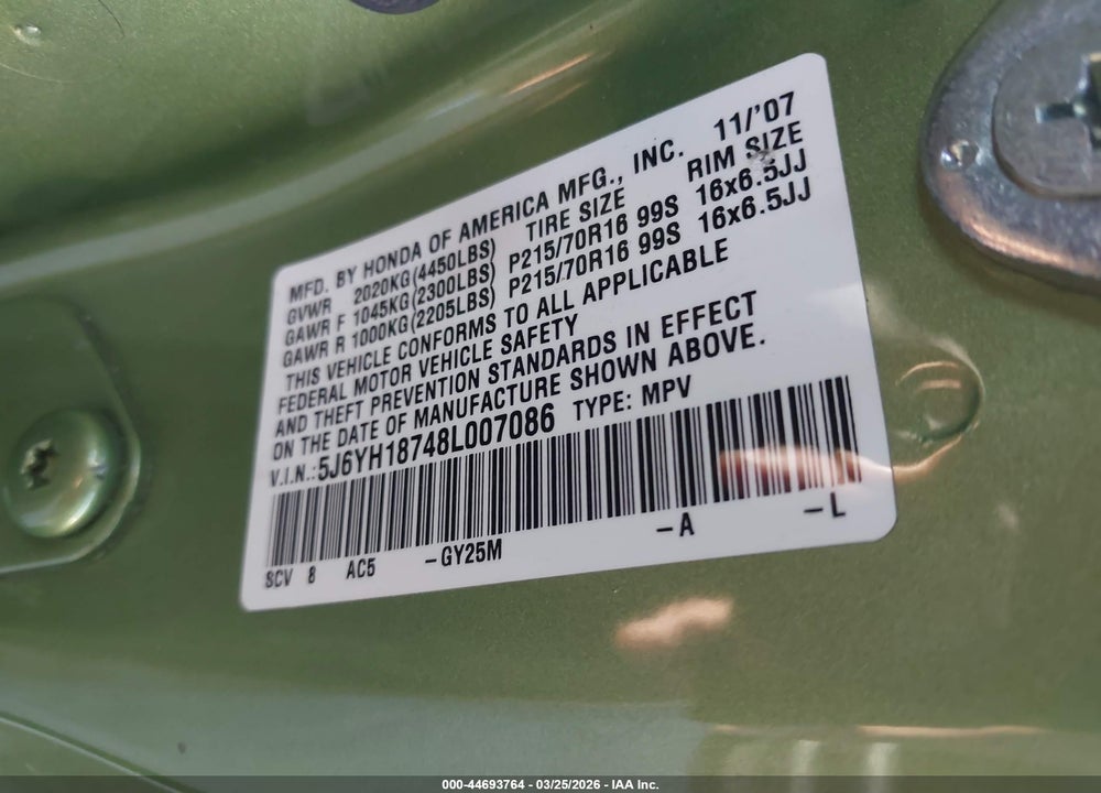 2008 HONDA ELEMENT EX VIN: 5J6YH18748L007086