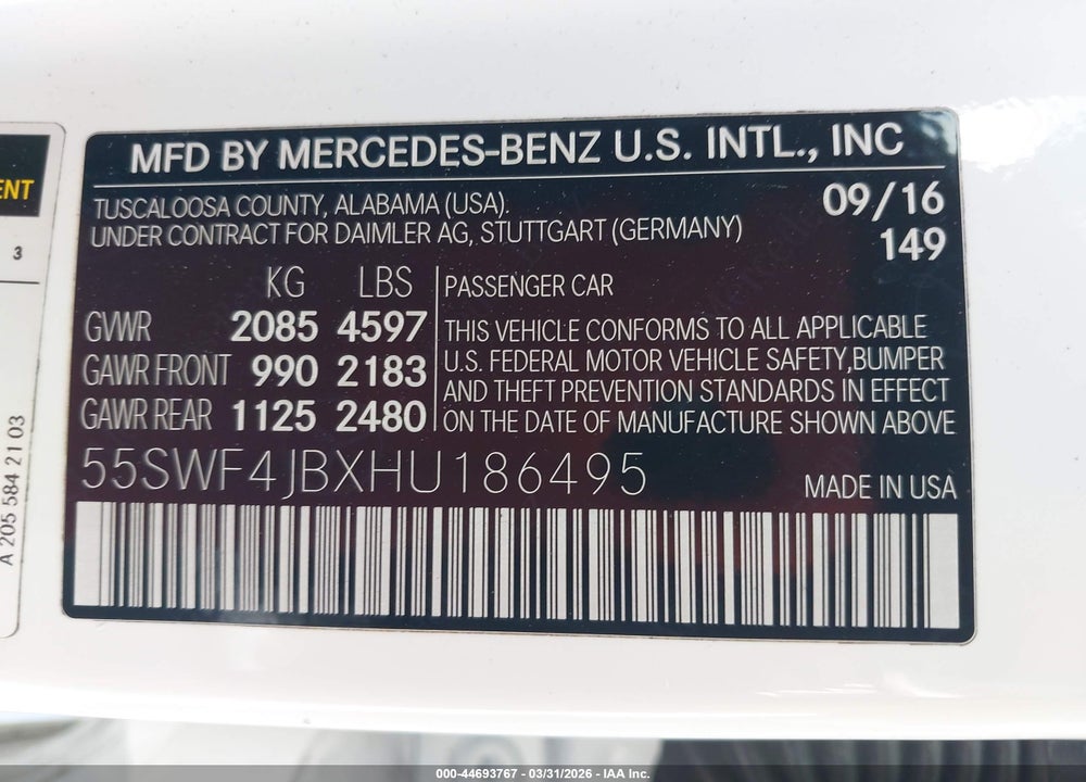2017 MERCEDES-BENZ C 300 SPORT VIN: 55SWF4JBXHU186495