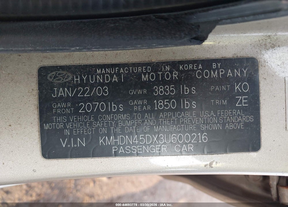 2003 HYUNDAI ELANTRA GLS/GT VIN: KMHDN45DX3U600216