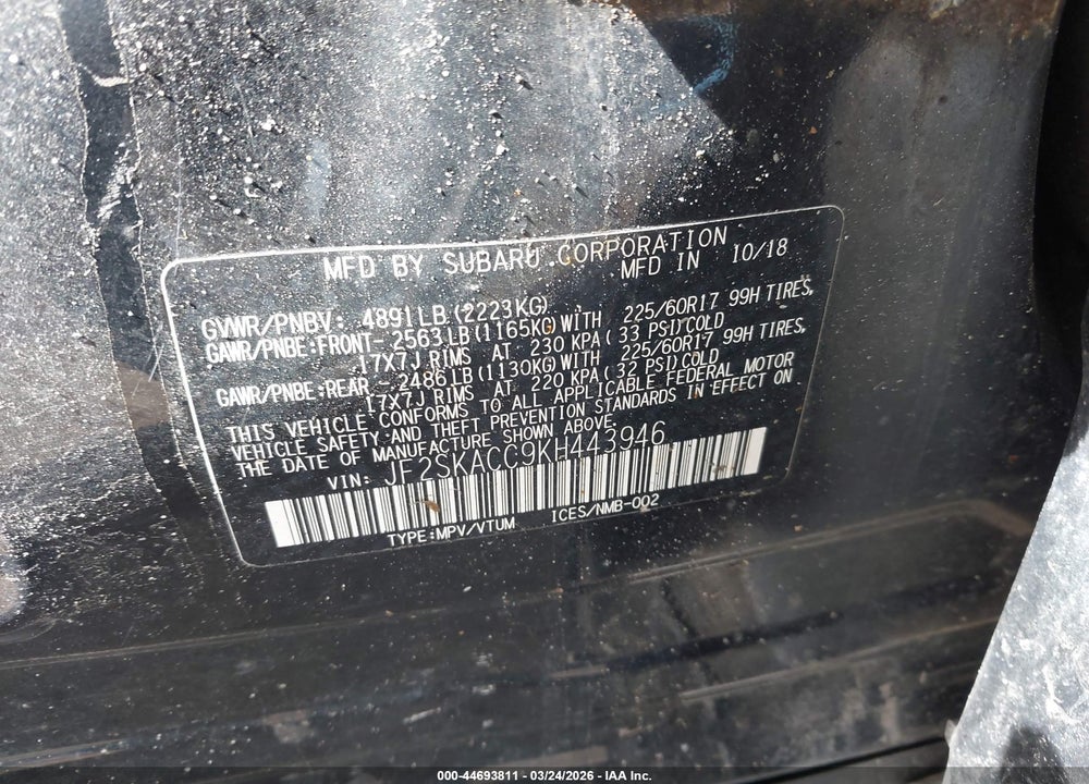 2019 SUBARU FORESTER VIN: JF2SKACC9KH443946