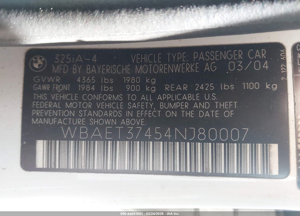 2004 BMW 325I VIN: WBAET37454NJ80007