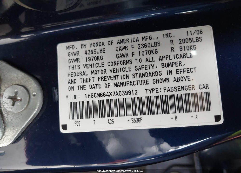 2007 HONDA ACCORD 3.0 SE VIN: 1HGCM664X7A039912