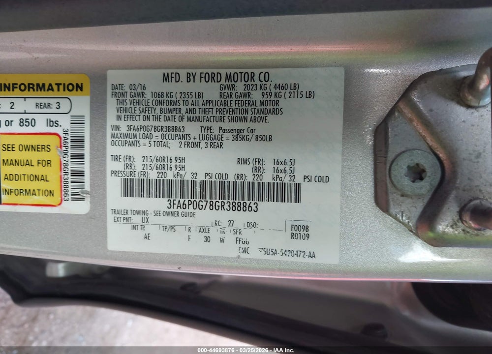 2016 FORD FUSION S VIN: 3FA6P0G78GR388863
