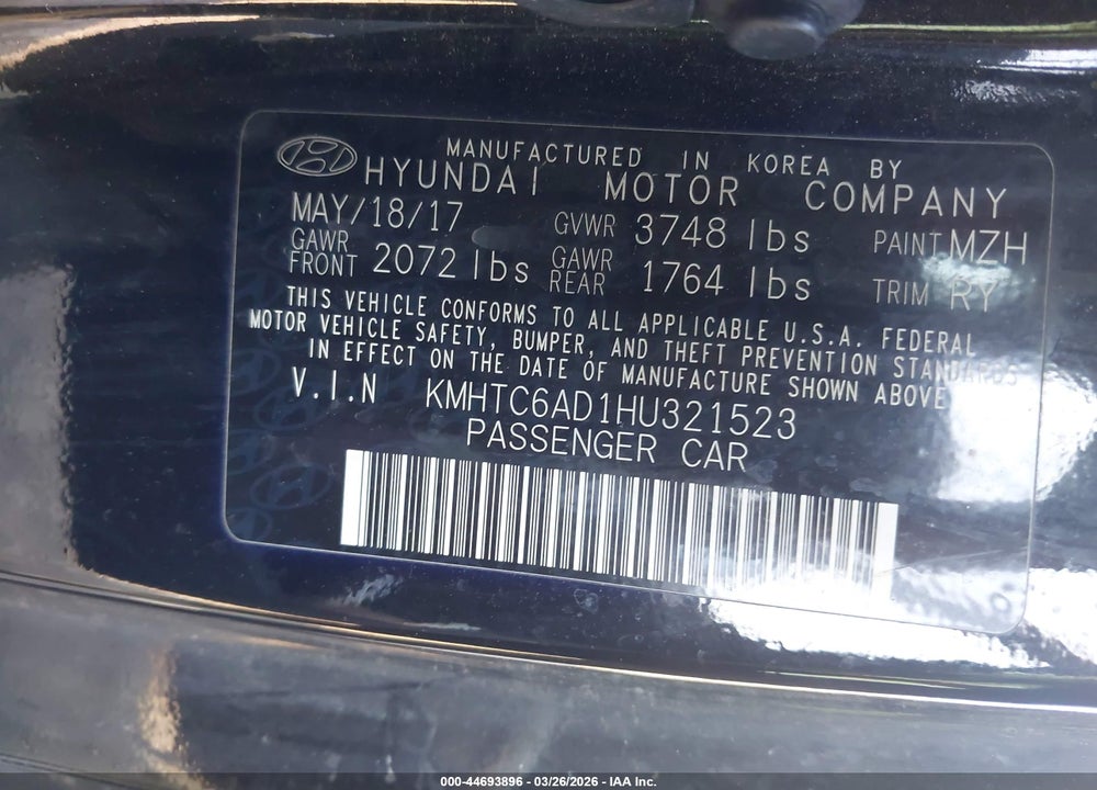 2017 HYUNDAI VELOSTER VALUE EDITION VIN: KMHTC6AD1HU321523