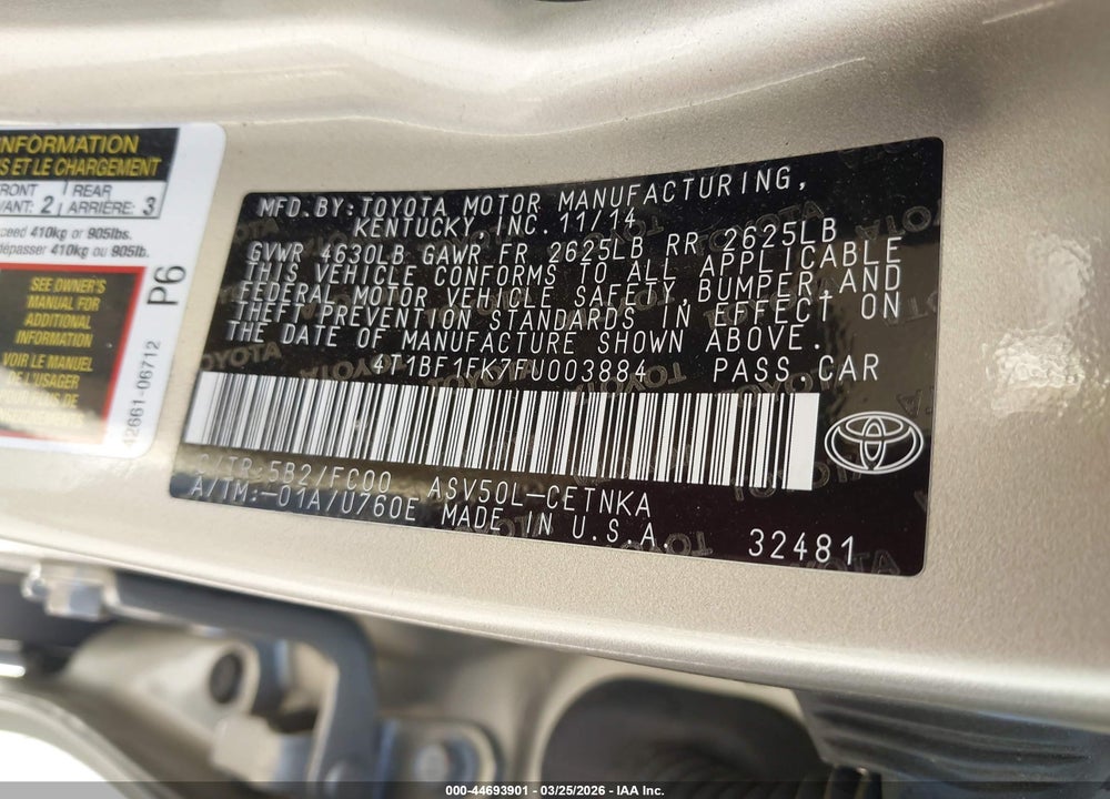 2015 TOYOTA CAMRY LE VIN: 4T1BF1FK7FU003884